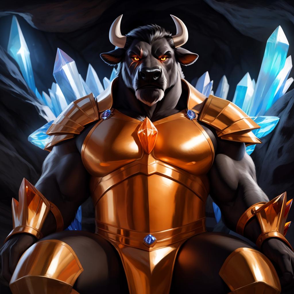  By chunie, by Meesh, 3d, portrait, full view, full body, detailed eyes, glowing eyes:2, sharp detail, masterpiece, crystal horns:2(orange crystal), photorealistic:2, solo, anthro, male, black bull, scar on face, large muzzle, a black bull sitting on a crystal throne:2, large cave, mouth closed, angry face:2, serious face:2, rage, enraged:2, ultra detailed glowing crystals, ultra detailed sparkling crystal armor:2(amber crystals), sfw, thick body:2, muscular body:2, large body:2, stare at the camera, open eyes, digital art, masterpiece, 4k, fine details,