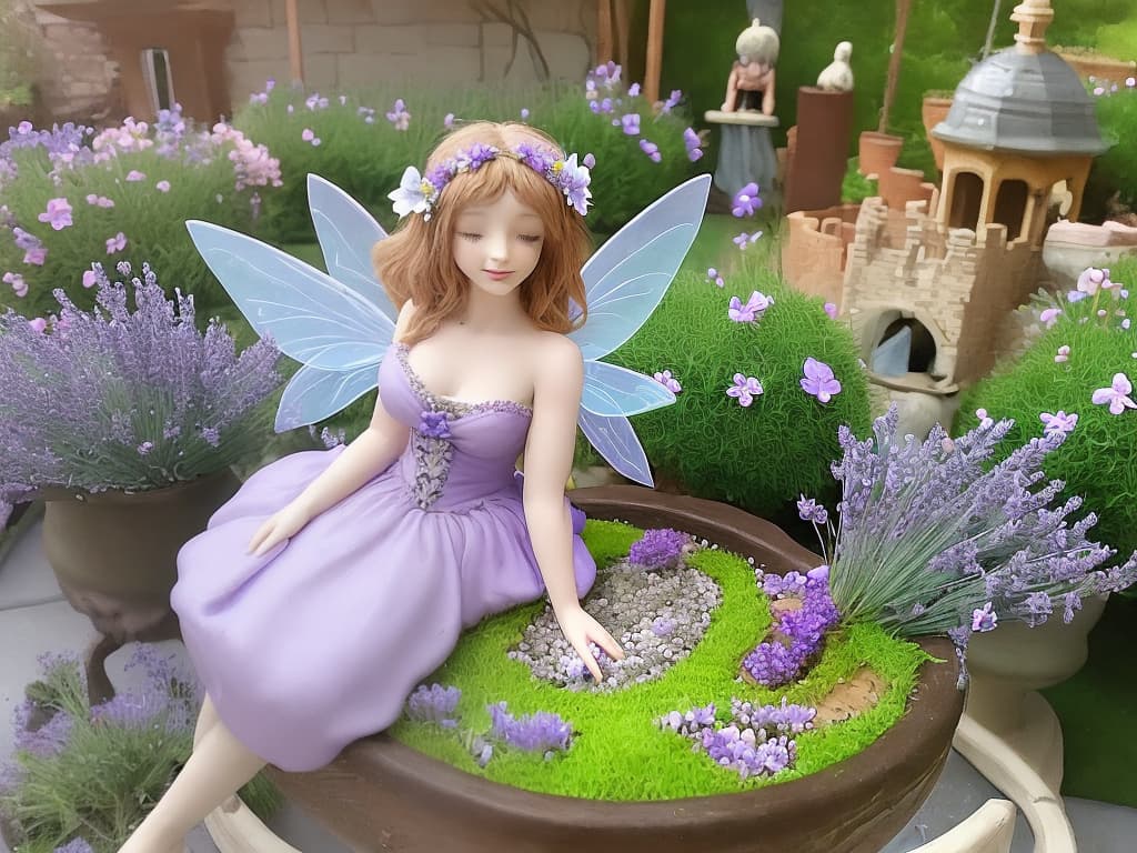  a beautiful flying fairy, holding lavender flowers, with a fairy garden in the background