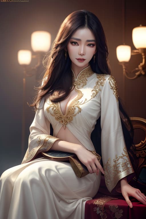  Portrait of a beautiful Asian woman, sultry, buxom, gorgeous, best quality, 8k wallpaper hyperrealistic, full body, detailed clothing, highly detailed, cinematic lighting, stunningly beautiful, intricate, sharp focus, f/1. 8, 85mm, (centered image composition), (professionally color graded), ((bright soft diffused light)), volumetric fog, trending on instagram, trending on tumblr, HDR 4K, 8K