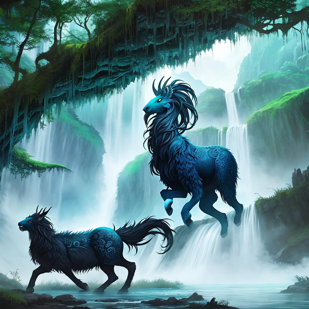  in a fantasy setting, Paint a surreal landscape where mythical beasts roam amidst cascading waterfalls.