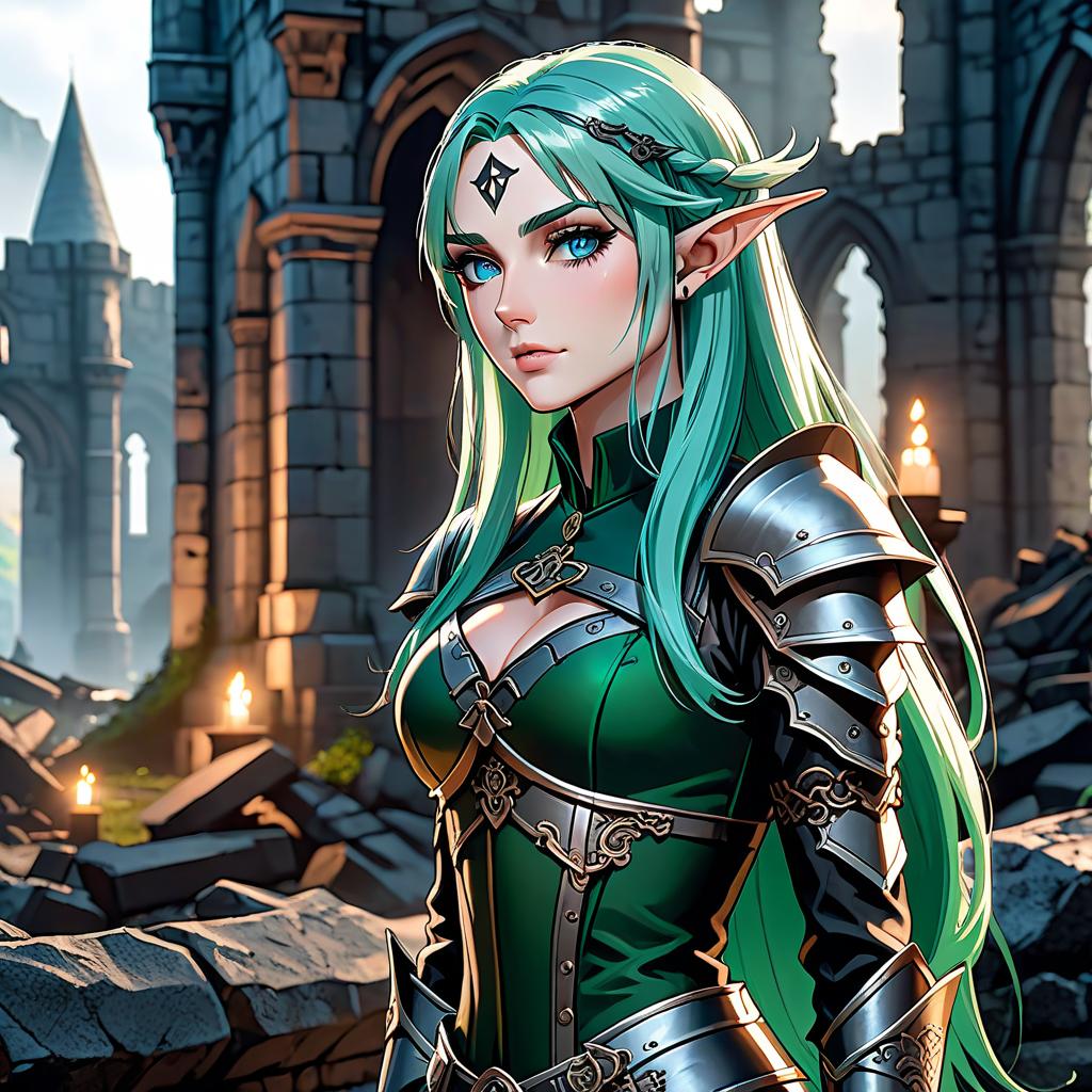  A half elf with high stature and small s and blue eyes. She has long green hair that lies on her shoulders, as she is wearing a hat on her head. She stands with a stern expression on her face in light black armor. In the background lies the ruins of a gothic castle in the gloomy weather in the evening. hyperrealistic, full body, detailed clothing, highly detailed, cinematic lighting, stunningly beautiful, intricate, sharp focus, f/1. 8, 85mm, (centered image composition), (professionally color graded), ((bright soft diffused light)), volumetric fog, trending on instagram, trending on tumblr, HDR 4K, 8K