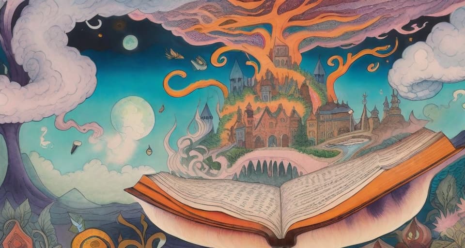  watercolor detailed painting, on paper, fantasy art, In a world of imaginative wonder, a vibrantly coloured storybook sits open on a table, smoke like dreams wafting from its unbound edges, making the air around it seem magical and mystical.