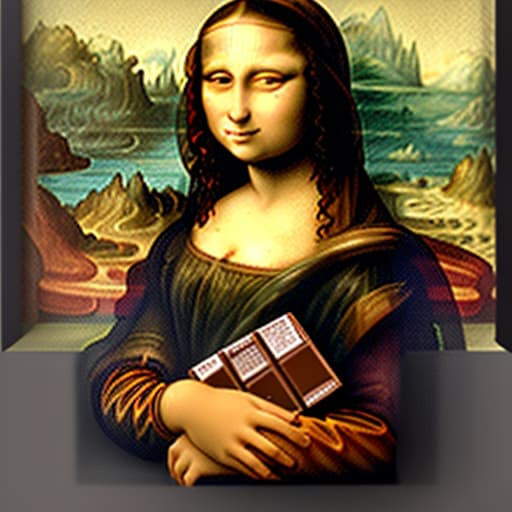  The Mona Lisa holding box of fine dark chocolate candy pieces. background expanded. Painted in the style of Leonardo Da Vinci.