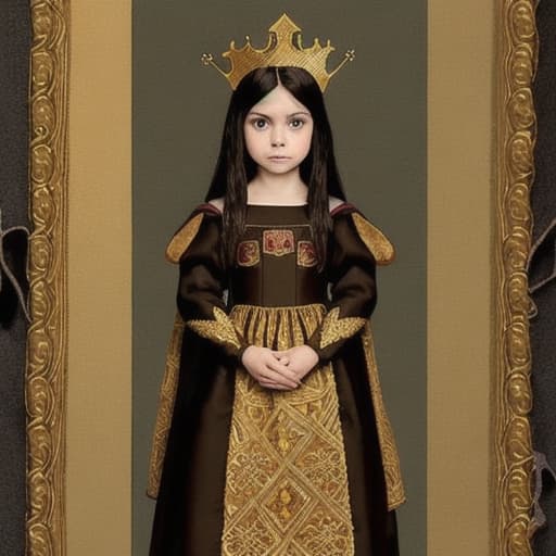  A girl with dark hair and brown eyes is a princess in a medieval-style dress with a firebird embroidered in gold thread on her hip.Long sleeve dress. He has a crown on his head. A girl with dark hair