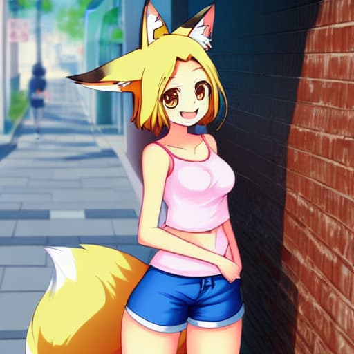  There is a drawing of a cute anime girl on the brick wall. the girl has fox ears and a tail. the girl smiles sweetly. the girl is wearing a top and shorts. the girl's hands are behind her back.