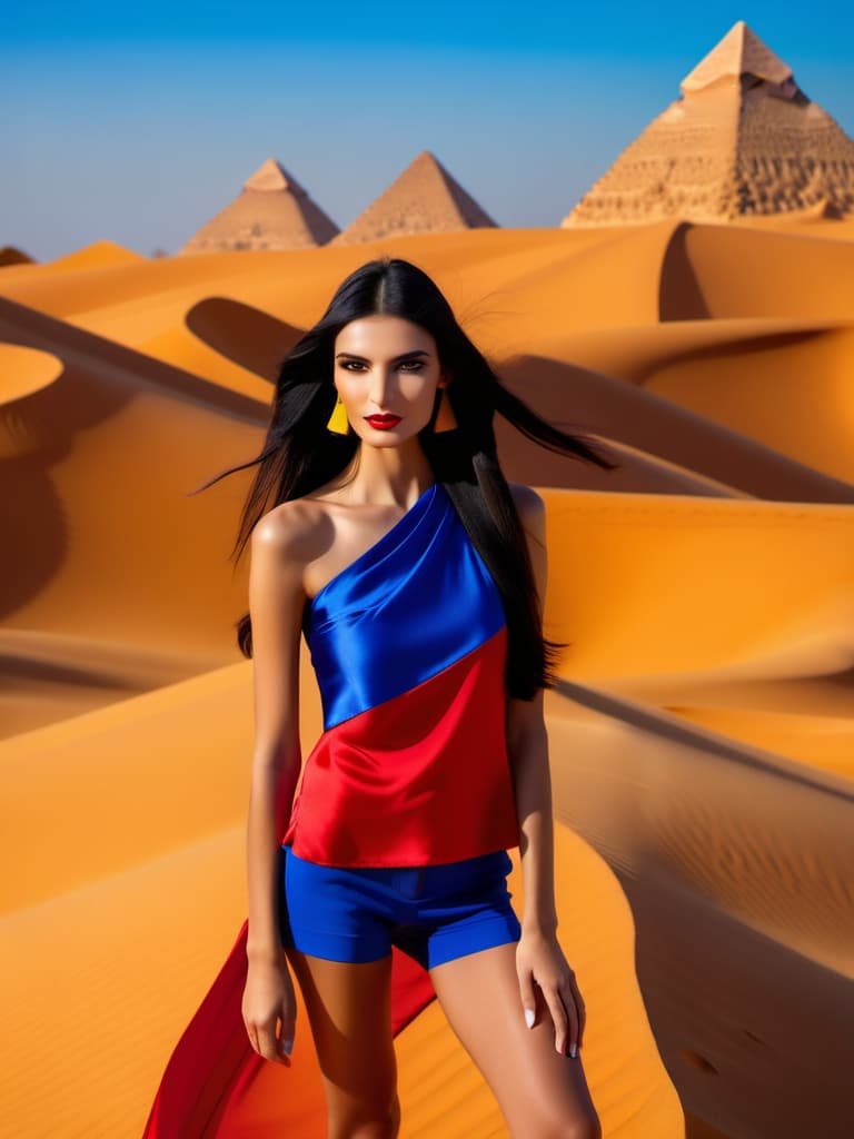  beautiful makeup, ordinary hairstyle,long black hair,beautiful  ,slender,European appearance,in a red top, in a very short silk blue ,detailed skin,clear focus,desert.yellow sand,pyramids , high contrast ,high color saturation,4k