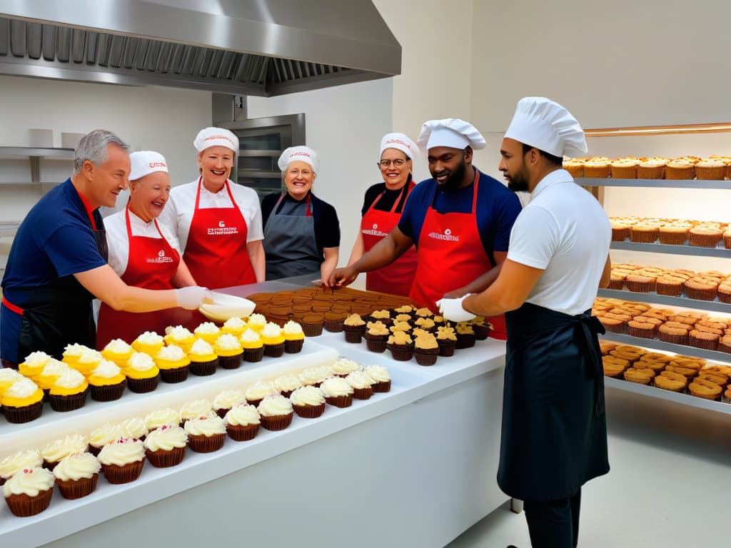  An ultradetailed image of a diverse group of volunteers, each intensely focused on decorating intricate cupcakes with colorful frosting and edible decorations in a brightly lit kitchen space. The volunteers are wearing matching aprons and chef hats, showcasing a mix of concentration, creativity, and teamwork as they meticulously craft their sweet creations. The background features shelves stocked with baking supplies, adding to the atmosphere of a bustling and engaging volunteer training session for a baking event. hyperrealistic, full body, detailed clothing, highly detailed, cinematic lighting, stunningly beautiful, intricate, sharp focus, f/1. 8, 85mm, (centered image composition), (professionally color graded), ((bright soft diffused light)), volumetric fog, trending on instagram, trending on tumblr, HDR 4K, 8K