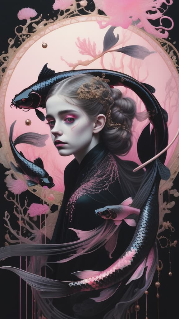  photo RAW, (Black, neon pink and magenta : Portrait of 2 ghostly long tailed black koi, woman, shiny aura, highly detailed, black pearls, gold and coral filigree, intricate motifs, organic tracery, Kiernan Shipka, Januz Miralles, Hikari Shimoda, glowing stardust by W. Zelmer, perfect composition, smooth, sharp focus, sparkling particles, lively coral reef colored background Realistic, realism, hd, 35mm photograph, 8k), masterpiece, award winning photography, natural light, perfect composition, high detail, hyper realistic
