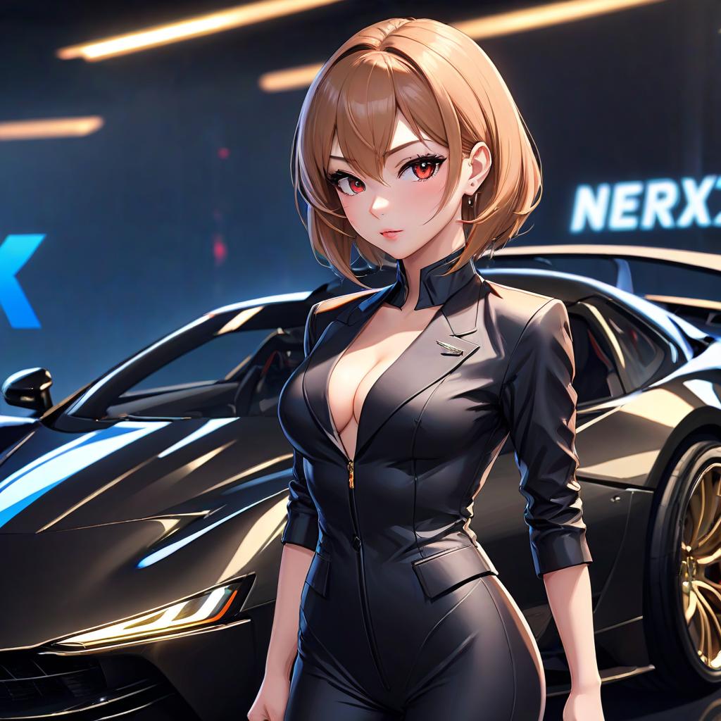  anime artwork (masterpiece, formal art, rich background: 1.2), black background, very beautiful with cute face, full make up, in a pantsuit standing next to a sports car, kinetic design, masterpiece, sharp focus, depth of field, unreal engine, perfect composition, digital art on pixiv, artstation, 8k, HDR . anime style, key visual, vint, studio anime, highly detailed hyperrealistic, full body, detailed clothing, highly detailed, cinematic lighting, stunningly beautiful, intricate, sharp focus, f/1. 8, 85mm, (centered image composition), (professionally color graded), ((bright soft diffused light)), volumetric fog, trending on instagram, trending on tumblr, HDR 4K, 8K