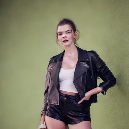 portrait+ style a realistic woman, Anya Taylor Joy, wearing a blue bra, an oversize black leather jacket, and shorts. jurassic park, blood stain