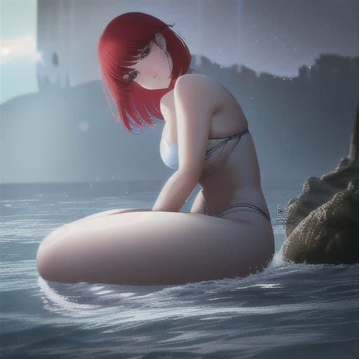  Mermaid , siren core , short red hair , bangs , round face , cute hyperrealistic, full body, detailed clothing, highly detailed, cinematic lighting, stunningly beautiful, intricate, sharp focus, f/1. 8, 85mm, (centered image composition), (professionally color graded), ((bright soft diffused light)), volumetric fog, trending on instagram, trending on tumblr, HDR 4K, 8K