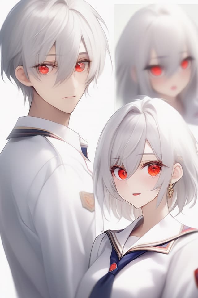  ((Beautiful young man with red eyes))) Masterpiece, (Beautiful Silver Hair) (SHORT HAIR) (Red Eye Color) (Kind EXPRESSION) (in High School Uniform) High Quality, 8k