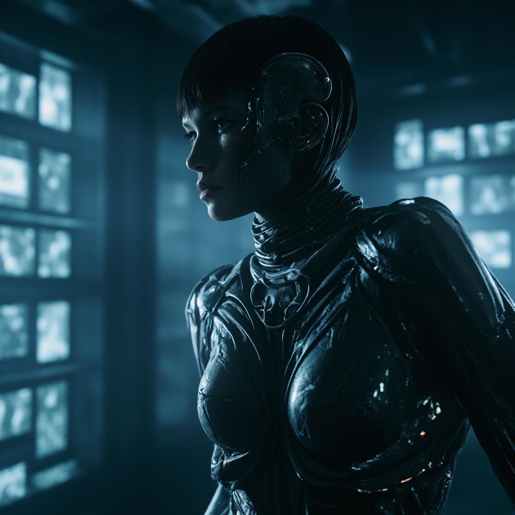  good quality, high quality, cinematic shot of a futuristic cyborg, wearing a sleek metallic suit, in a dimly lit laboratory with glowing holographic screens, the only light coming from the displays, dimly lit, close up angle, cool tones, tense atmosphere, cinematic composition