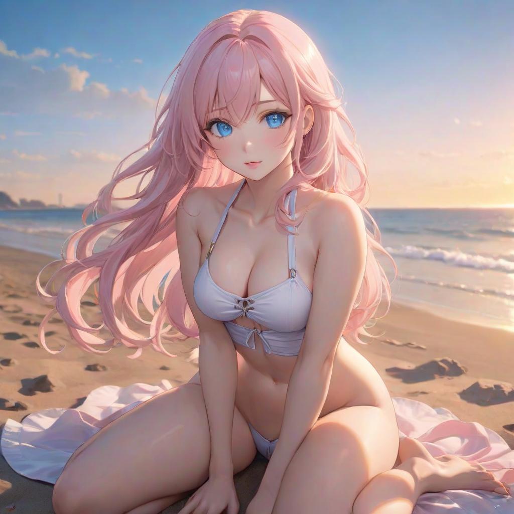  A girl with light pink wavy hair, blue eyes, a plump body, is sitting on the beach, sunset, anime style. hyperrealistic, full body, detailed clothing, highly detailed, cinematic lighting, stunningly beautiful, intricate, sharp focus, f/1. 8, 85mm, (centered image composition), (professionally color graded), ((bright soft diffused light)), volumetric fog, trending on instagram, trending on tumblr, HDR 4K, 8K