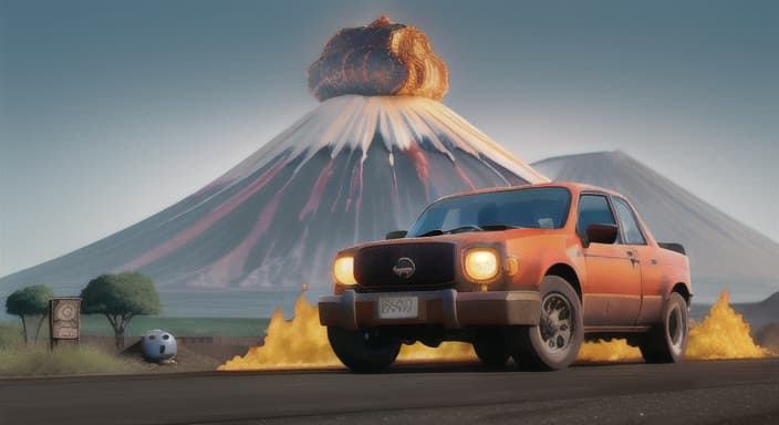  {Jake driving fast towards the erupting volcano with a determined look., Jake's engine roared as he raced towards the danger.