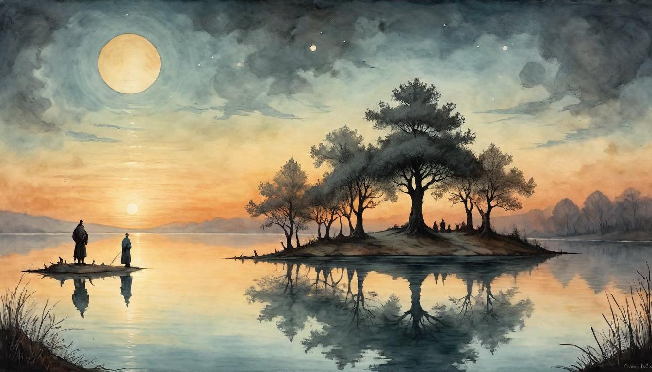  on parchment, surrealism+++, Person standing by a tranquil lake, reflection on water, sunset hues, calm and introspective, connection with nature(mysterious, provocative, symbolic,muted color)+++