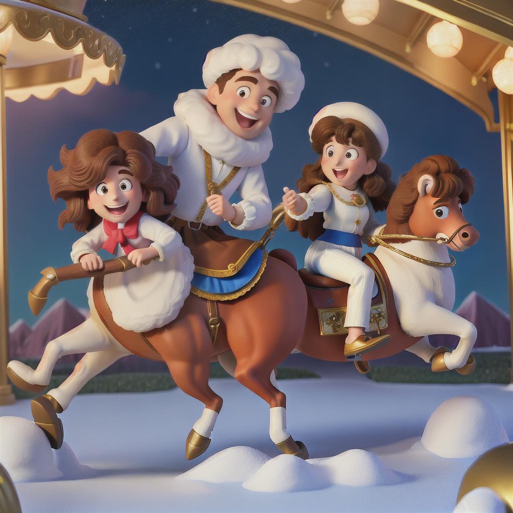  masterpiece, best quality, 80 's animation, color lead painting, classicism, carousel, new year, ice and snow, night, medium hair, brown hair, bulky fluffy hair, fluffy hair, laughter, goddess