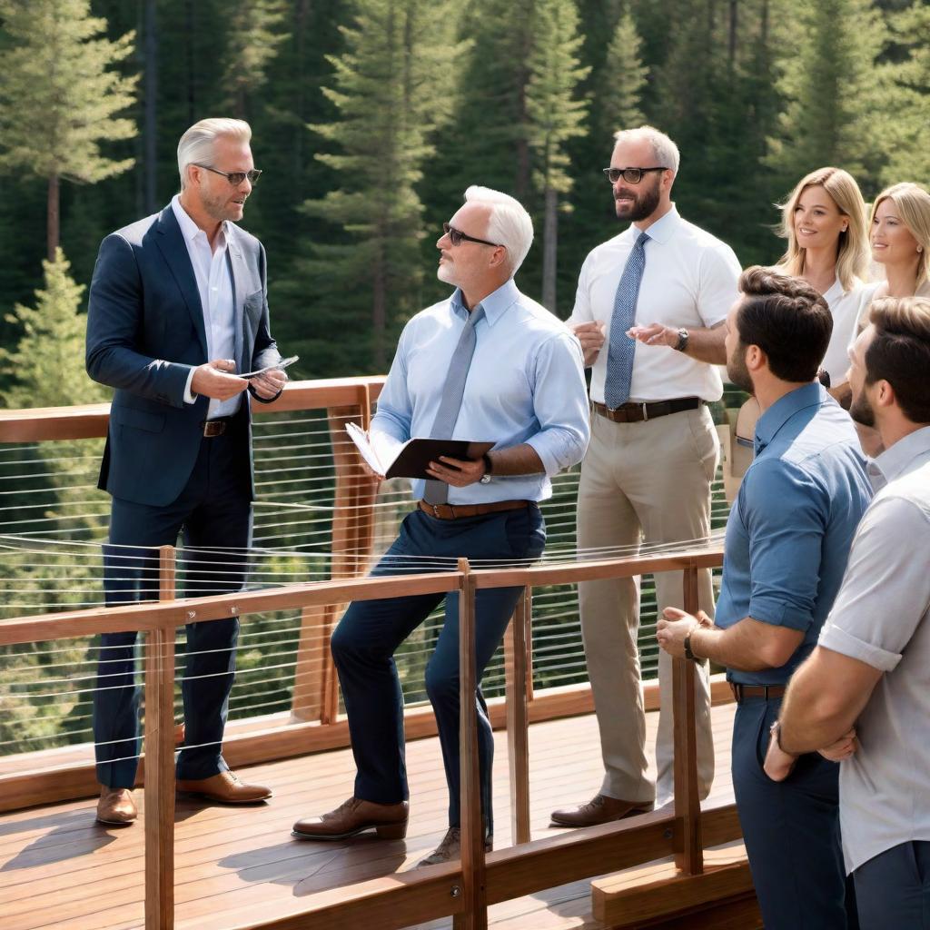  An outdoor scene on a deck with a modern cable rail system. A professional salesman is presenting the cable rail features to a group of attentive architects. They are surrounded by a picturesque background that showcases the cable rail's design. The setting is under bright daylight, and everyone is focused on the demonstration with the salesman using sample materials and drawings to explain the details. hyperrealistic, full body, detailed clothing, highly detailed, cinematic lighting, stunningly beautiful, intricate, sharp focus, f/1. 8, 85mm, (centered image composition), (professionally color graded), ((bright soft diffused light)), volumetric fog, trending on instagram, trending on tumblr, HDR 4K, 8K