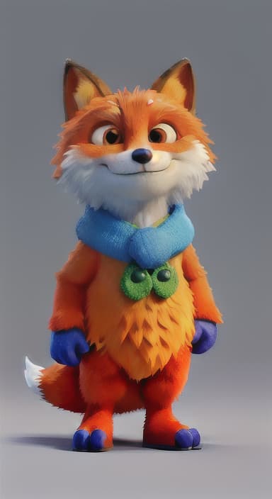  {Error the fox pressing the blue button with his paw, looking puzzled as nothing occurs., Error is a small, bright orange fox with a fluffy tail and big, inquisitive eyes. He has a mischievous yet kind expression and wears a tiny green scarf.