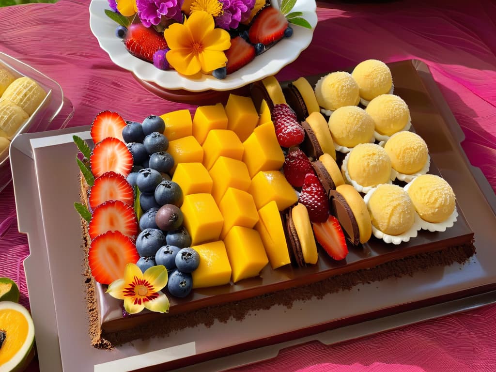  An intricately designed wooden serving platter displaying a variety of colorful homemade African desserts, including vibrant mango tarts, rich chocolate mousse cups, and delicate coconut macaroons, all beautifully garnished with fresh berries and edible flowers. The desserts are artfully arranged on the platter, showcasing the exquisite blend of flavors and textures characteristic of African hospitality in homemade treats. The background is a soft, neutral tone to enhance the visual impact of the desserts. hyperrealistic, full body, detailed clothing, highly detailed, cinematic lighting, stunningly beautiful, intricate, sharp focus, f/1. 8, 85mm, (centered image composition), (professionally color graded), ((bright soft diffused light)), volumetric fog, trending on instagram, trending on tumblr, HDR 4K, 8K