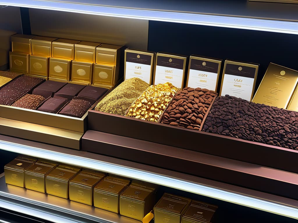  An ultradetailed 8k image of a sleek, modern kitchen countertop adorned with an array of luxurious and premium cacao brands neatly lined up in elegant packaging. The labels on the cacao products are artistically designed, featuring intricate gold foiling and minimalist typography that exudes sophistication. The lighting is soft, casting a gentle glow on the meticulously arranged cacao brands, emphasizing their premium quality and enticing the viewer with a sense of culinary elegance. hyperrealistic, full body, detailed clothing, highly detailed, cinematic lighting, stunningly beautiful, intricate, sharp focus, f/1. 8, 85mm, (centered image composition), (professionally color graded), ((bright soft diffused light)), volumetric fog, trending on instagram, trending on tumblr, HDR 4K, 8K