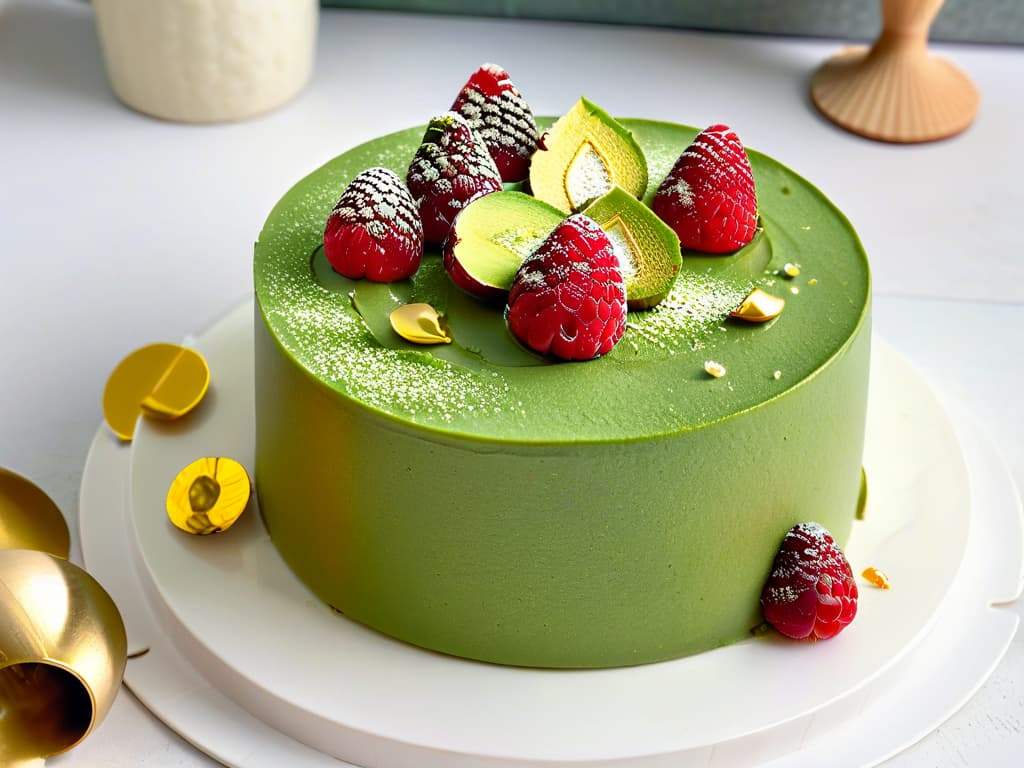  A closeup, photorealistic image of a decadent matcha green tea cake topped with vibrant green teainfused cream, delicate edible gold leaf flakes, and fresh raspberries on a modern, minimalist white plate. The cake is perfectly sliced to showcase its intricate layers of matcha sponge, creamy green tea filling, and smooth matcha ganache glaze, with a light dusting of matcha powder sprinkled around the plate. The background is softly blurred to keep the focus on the exquisite details of the dessert, emphasizing its elegance and sophistication. hyperrealistic, full body, detailed clothing, highly detailed, cinematic lighting, stunningly beautiful, intricate, sharp focus, f/1. 8, 85mm, (centered image composition), (professionally color graded), ((bright soft diffused light)), volumetric fog, trending on instagram, trending on tumblr, HDR 4K, 8K