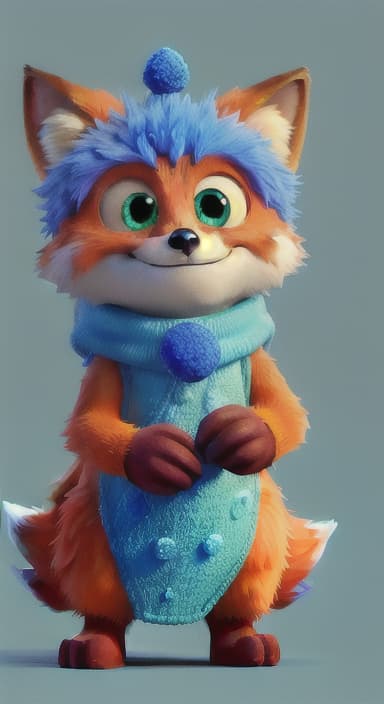  {Error the fox pressing the blue button with his paw, looking puzzled as nothing occurs., Error is a small, bright orange fox with a fluffy tail and big, inquisitive eyes. He has a mischievous yet kind expression and wears a tiny green scarf.