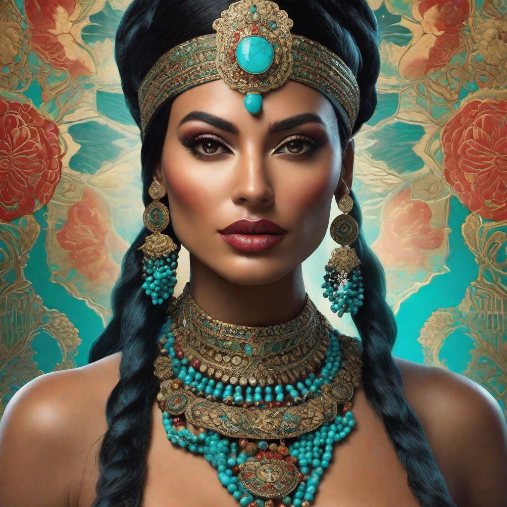  A photo of an Indian woman with jewelry and makeup against a colorful background of turquoise, blue, red and green colors. The vibrant colors and highly detailed face feature jewelry around the neck and a headpiece made from gemstones and beads. The woman has black hair and beautiful makeup on her brown skin. She is wearing a traditional dress in the style of a colorful Indian portrait. --ar 65:98 --style raw hyperrealistic, full body, detailed clothing, highly detailed, cinematic lighting, stunningly beautiful, intricate, sharp focus, f/1. 8, 85mm, (centered image composition), (professionally color graded), ((bright soft diffused light)), volumetric fog, trending on instagram, trending on tumblr, HDR 4K, 8K