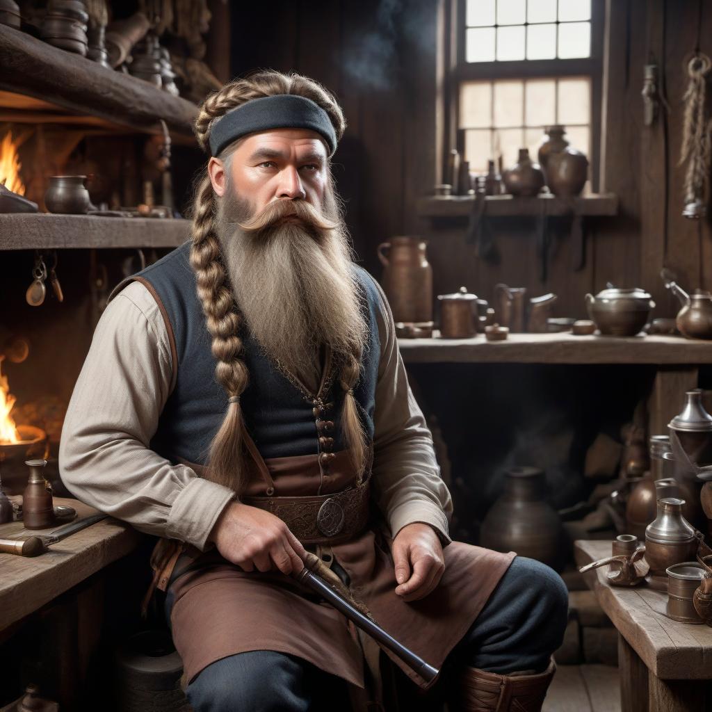  A dwarf with long Russian hair and a very long beard, braided into three pigtails, stands in the smithy and smokes a pipe. hyperrealistic, full body, detailed clothing, highly detailed, cinematic lighting, stunningly beautiful, intricate, sharp focus, f/1. 8, 85mm, (centered image composition), (professionally color graded), ((bright soft diffused light)), volumetric fog, trending on instagram, trending on tumblr, HDR 4K, 8K