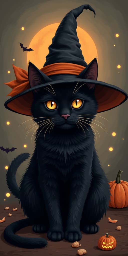  good quality, high quality, black cat wearing witch hat halloween illustration