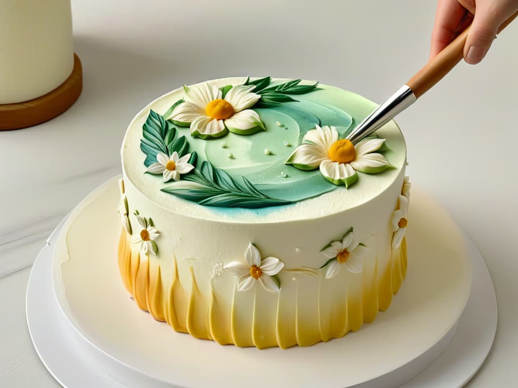  A highly detailed closeup image of a delicate pastry brush gently painting intricate floral designs with edible watercolor onto a smooth fondant surface. The bristles of the brush are meticulously fine, capturing the subtle gradations of color on the sugary canvas. The soft natural light gently illuminates the scene, highlighting the precision and artistry of the painterly strokes. hyperrealistic, full body, detailed clothing, highly detailed, cinematic lighting, stunningly beautiful, intricate, sharp focus, f/1. 8, 85mm, (centered image composition), (professionally color graded), ((bright soft diffused light)), volumetric fog, trending on instagram, trending on tumblr, HDR 4K, 8K