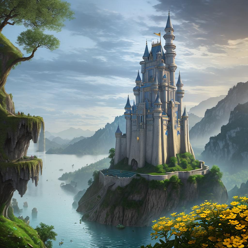  masterpiece, best quality,Indian castle surrounded by water and nature, village, volumetric lighting, photorealistic, insanely detailed and intricate, Fantasy, epic cinematic shot, trending on ArtStation, mountains, 8k ultra hd, magical, mystical, matte painting, bright sunny day, flowers, massive cliffs, Sweeper3D,