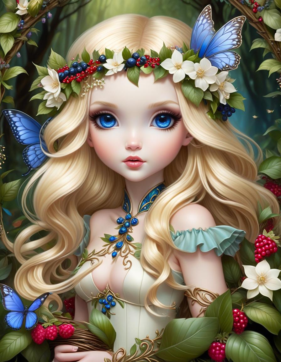  Author Jasmine Becket Griffith, fine art. {a forest nymph stands among flowers, blond hair, blue eyes, on her head with a wreath of berries and leaves, }, good detail, central location. well drawn details. beautiful flowers hyperrealistic, full body, detailed clothing, highly detailed, cinematic lighting, stunningly beautiful, intricate, sharp focus, f/1. 8, 85mm, (centered image composition), (professionally color graded), ((bright soft diffused light)), volumetric fog, trending on instagram, trending on tumblr, HDR 4K, 8K