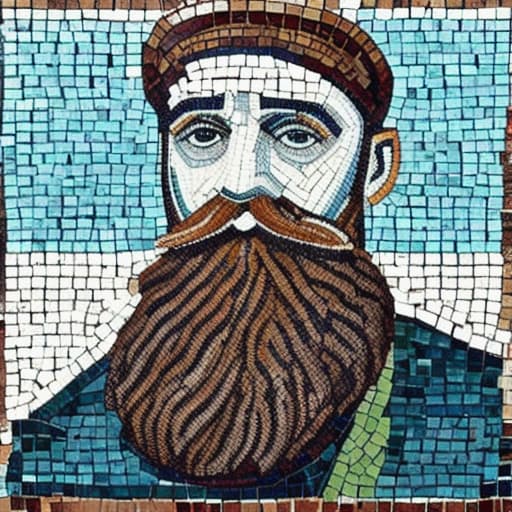  Create a mosaic portrait of a bearded sailor with a pipe. The man has detailed features with a prominent beard and mustache, wearing a flat cap. The mosaic is composed of various shades of browns, creams, and greys, and includes a range of seashells integrated into his clothing and the background, which should have a gradient from cream to deep sea blue at the top. The subject faces three-quarters to the viewer's right, and the image exudes a maritime, vintage atmosphere.