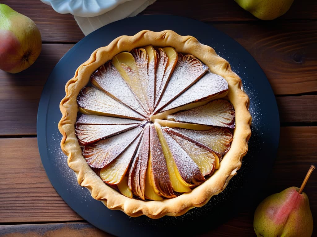  A closeup, ultradetailed image of a freshly baked pear and spice tart sitting on a rustic wooden table, with a light dusting of powdered sugar on top, showcasing the intricate layers of spiced pear filling and golden crust. The lighting is soft, casting gentle shadows that highlight the textures of the dessert, making it look both inviting and elegant. hyperrealistic, full body, detailed clothing, highly detailed, cinematic lighting, stunningly beautiful, intricate, sharp focus, f/1. 8, 85mm, (centered image composition), (professionally color graded), ((bright soft diffused light)), volumetric fog, trending on instagram, trending on tumblr, HDR 4K, 8K