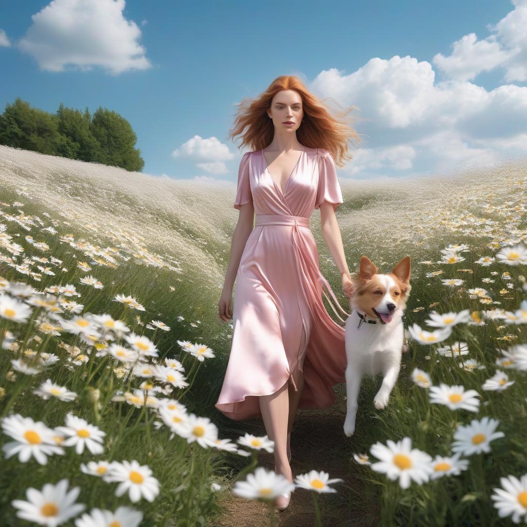  A girl in a long pink satin gown walks through a field of daisies with a small ginger dog on a leash. The image is full size, her face is tired and drowsy. Strong wind, white clouds in the blue sky, perspective from below. Translation in English: A girl in a long pink satin dress is walking through a field of daisies with a small ginger dog on a leash. The picture is full size; her face looks tired and drowsy. There's strong wind, white clouds in the blue sky, and the perspective is from below. hyperrealistic, full body, detailed clothing, highly detailed, cinematic lighting, stunningly beautiful, intricate, sharp focus, f/1. 8, 85mm, (centered image composition), (professionally color graded), ((bright soft diffused light)), volumetric fog, trending on instagram, trending on tumblr, HDR 4K, 8K