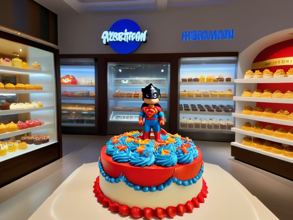  An ultradetailed image of a whimsical dessert shop filled with colorful treats shaped like popular licensed characters, such as miniature superhero cupcakes, cartoon character cookies, and princessthemed pastries. The shop is elegantly designed with sleek white countertops, modern display cases, and soft ambient lighting, creating a sophisticated yet playful atmosphere. Customers of all ages can be seen marveling at the creative desserts, with a subtle reflection of excitement and wonder in their eyes. hyperrealistic, full body, detailed clothing, highly detailed, cinematic lighting, stunningly beautiful, intricate, sharp focus, f/1. 8, 85mm, (centered image composition), (professionally color graded), ((bright soft diffused light)), volumetric fog, trending on instagram, trending on tumblr, HDR 4K, 8K