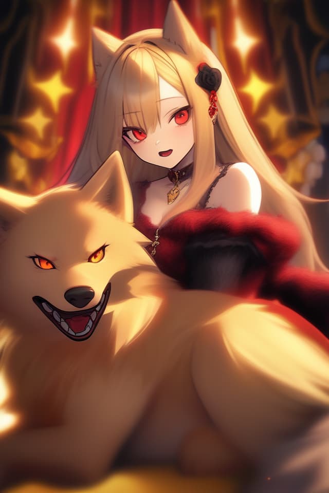  Vampire & Wolf, ((Glowing Golden Vampire Girl)), Break, (Fluffy Red Fur Wolf), Absurdres, ultimate quality, official art, aesthetic lighting, details Skin Texture, best shadow, very detail, colorful, 8K Wallpaper, Raw Photoristic Detailed, Dutch Angle, 💩, 💩, 💩, 💩, 💩, 💩, 💩, 💩