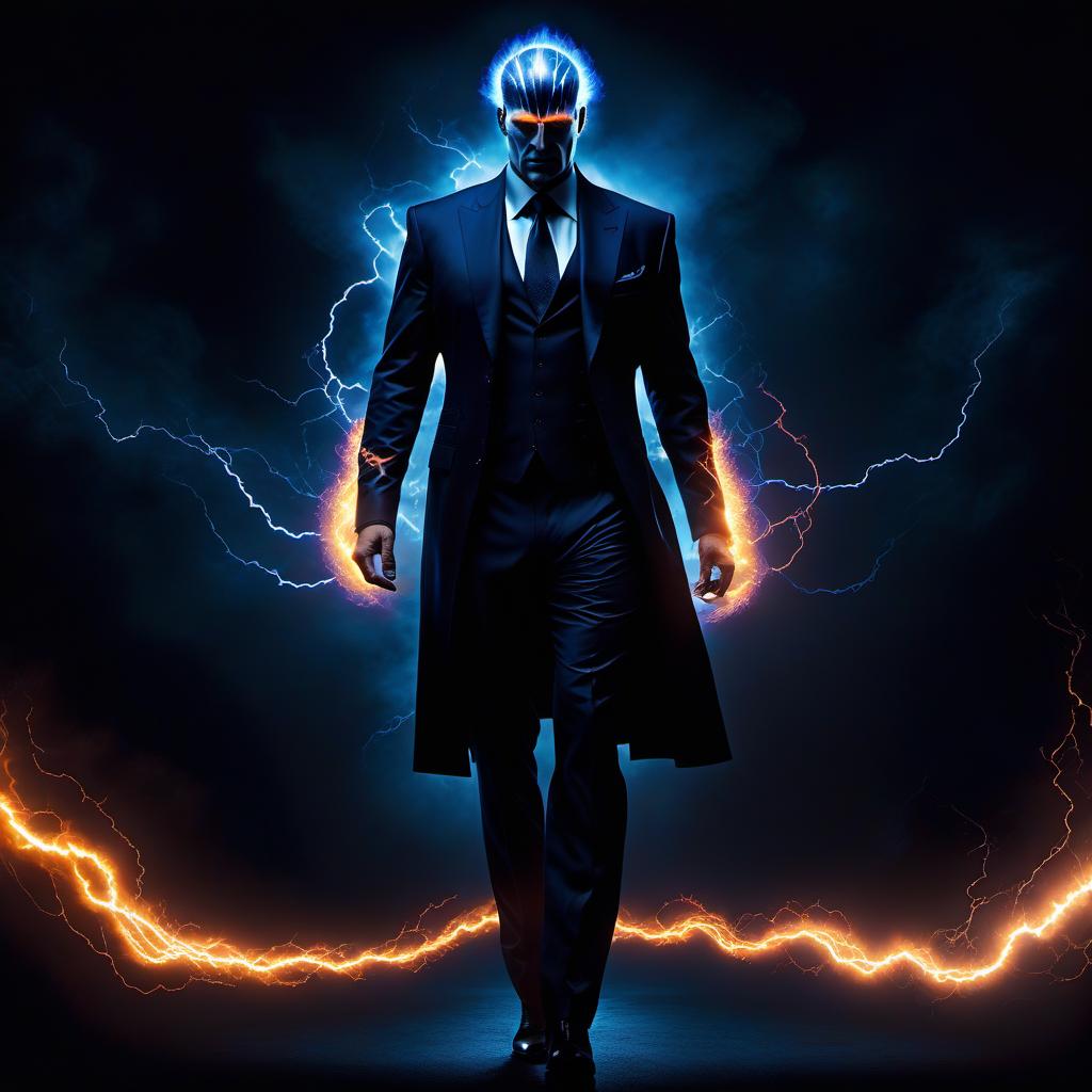  macabre style Master of electromagnetic elements in the dark business suit , kirlian style, crackling energy illuminating the space around him, core in deep blue tones with pulsations of electricity, ultra realistic digital painting, dramatic lighting, highly detailed, dramatic shadows. . dark, gothic, grim, haunting, highly detailed hyperrealistic, full body, detailed clothing, highly detailed, cinematic lighting, stunningly beautiful, intricate, sharp focus, f/1. 8, 85mm, (centered image composition), (professionally color graded), ((bright soft diffused light)), volumetric fog, trending on instagram, trending on tumblr, HDR 4K, 8K