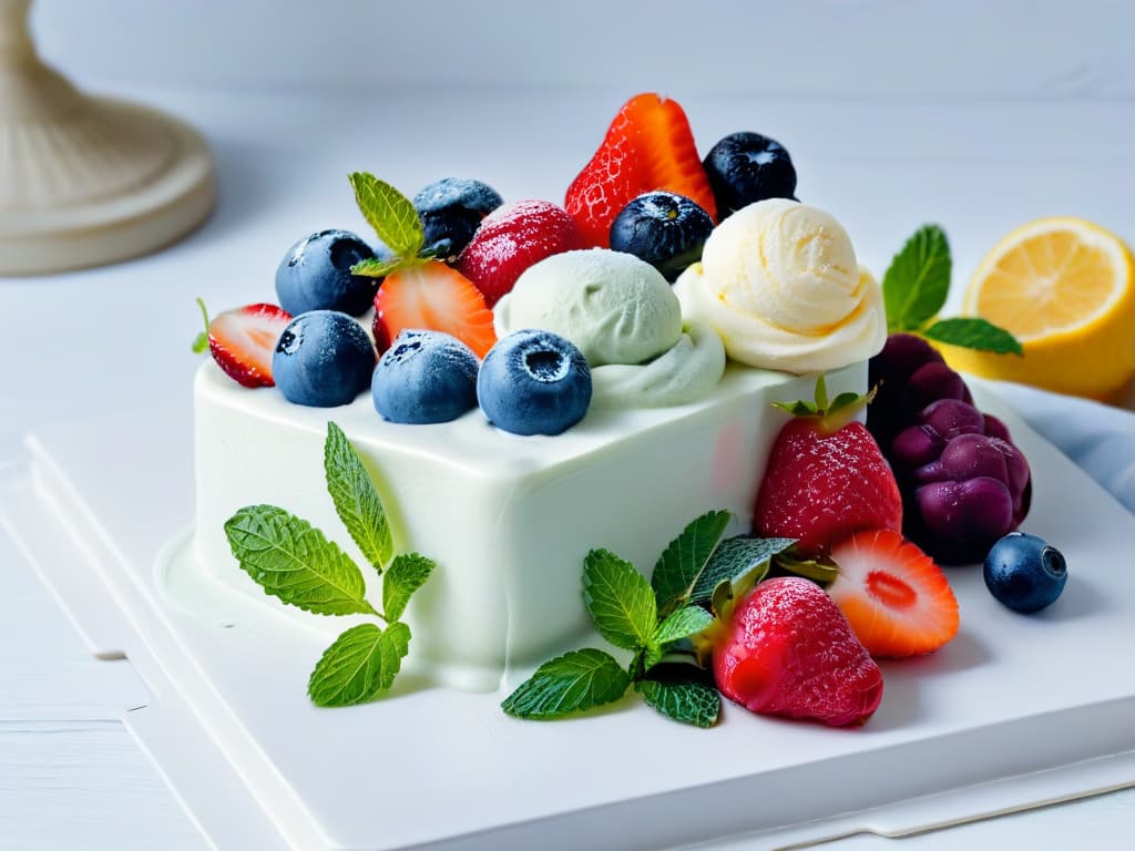  A highresolution image of a simple yet elegant serving of homemade yogurt and fruit ice cream, placed on a sleek marble slab with a scattering of fresh berries and mint leaves as garnish. The creamy texture of the ice cream contrasts beautifully with the vibrant colors of the fruits, creating a visually appealing and appetizing scene that exudes freshness and indulgence. hyperrealistic, full body, detailed clothing, highly detailed, cinematic lighting, stunningly beautiful, intricate, sharp focus, f/1. 8, 85mm, (centered image composition), (professionally color graded), ((bright soft diffused light)), volumetric fog, trending on instagram, trending on tumblr, HDR 4K, 8K