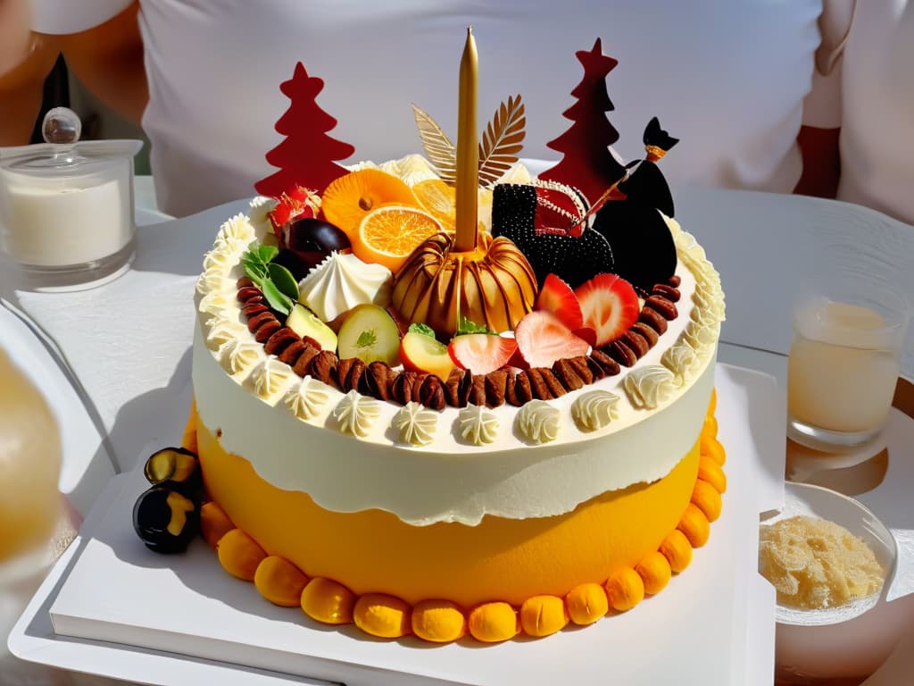  An 8k ultradetailed image of a diverse group of people from different cultures, wearing traditional attire, gathered around a large, beautifully decorated cake. The cake is intricately designed with elements representing various global cuisines, symbolizing the fusion of different culinary traditions in a harmonious way. The background is a serene, minimalistic setting, emphasizing the unity and connection that baking and pastry arts can create among people from all around the world. hyperrealistic, full body, detailed clothing, highly detailed, cinematic lighting, stunningly beautiful, intricate, sharp focus, f/1. 8, 85mm, (centered image composition), (professionally color graded), ((bright soft diffused light)), volumetric fog, trending on instagram, trending on tumblr, HDR 4K, 8K