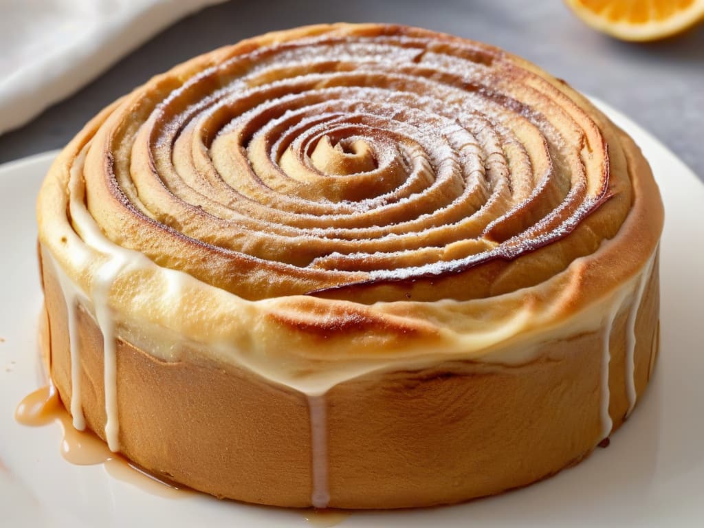  A closeup, ultradetailed image of a perfectly goldenbrown vegan keto cinnamon roll, freshly baked and topped with a delicate drizzle of sugarfree glaze. The swirls of cinnamon and sugar glisten in the light, showcasing the fluffy texture of the roll. The background is softfocus, emphasizing the intricate details of the pastry and creating a minimalist yet enticing visual. hyperrealistic, full body, detailed clothing, highly detailed, cinematic lighting, stunningly beautiful, intricate, sharp focus, f/1. 8, 85mm, (centered image composition), (professionally color graded), ((bright soft diffused light)), volumetric fog, trending on instagram, trending on tumblr, HDR 4K, 8K