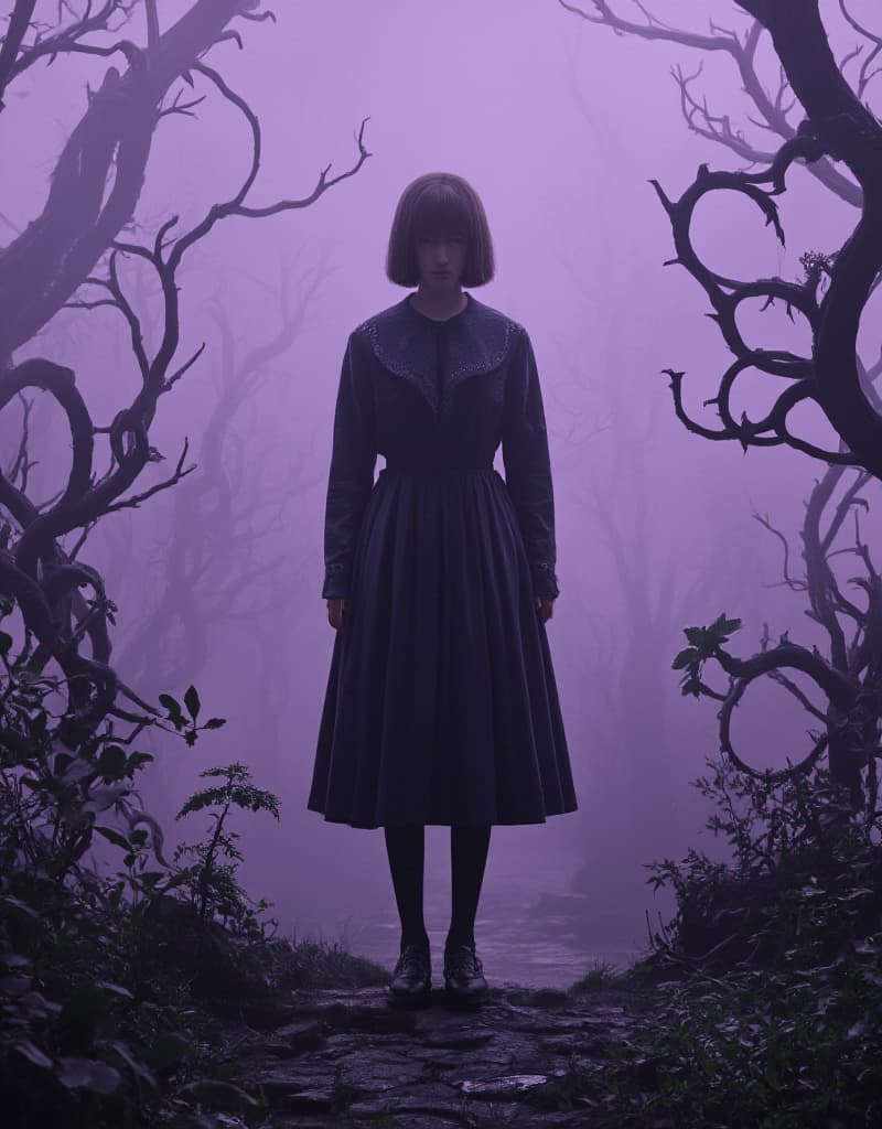  presenting a solitary, innocent girl character in a digital illustration. this image reflects an uncertain and somber mood through the use of a dusky colour palette featuring prominent tones of purple. the girl stands alone in a landscape characterised by an ambiguous merging of organic and mechanical elements, displaying a surreal and imaginative touch often seen in gothic styles hyperrealistic, full body, detailed clothing, highly detailed, cinematic lighting, stunningly beautiful, intricate, sharp focus, f/1. 8, 85mm, (centered image composition), (professionally color graded), ((bright soft diffused light)), volumetric fog, trending on instagram, trending on tumblr, HDR 4K, 8K