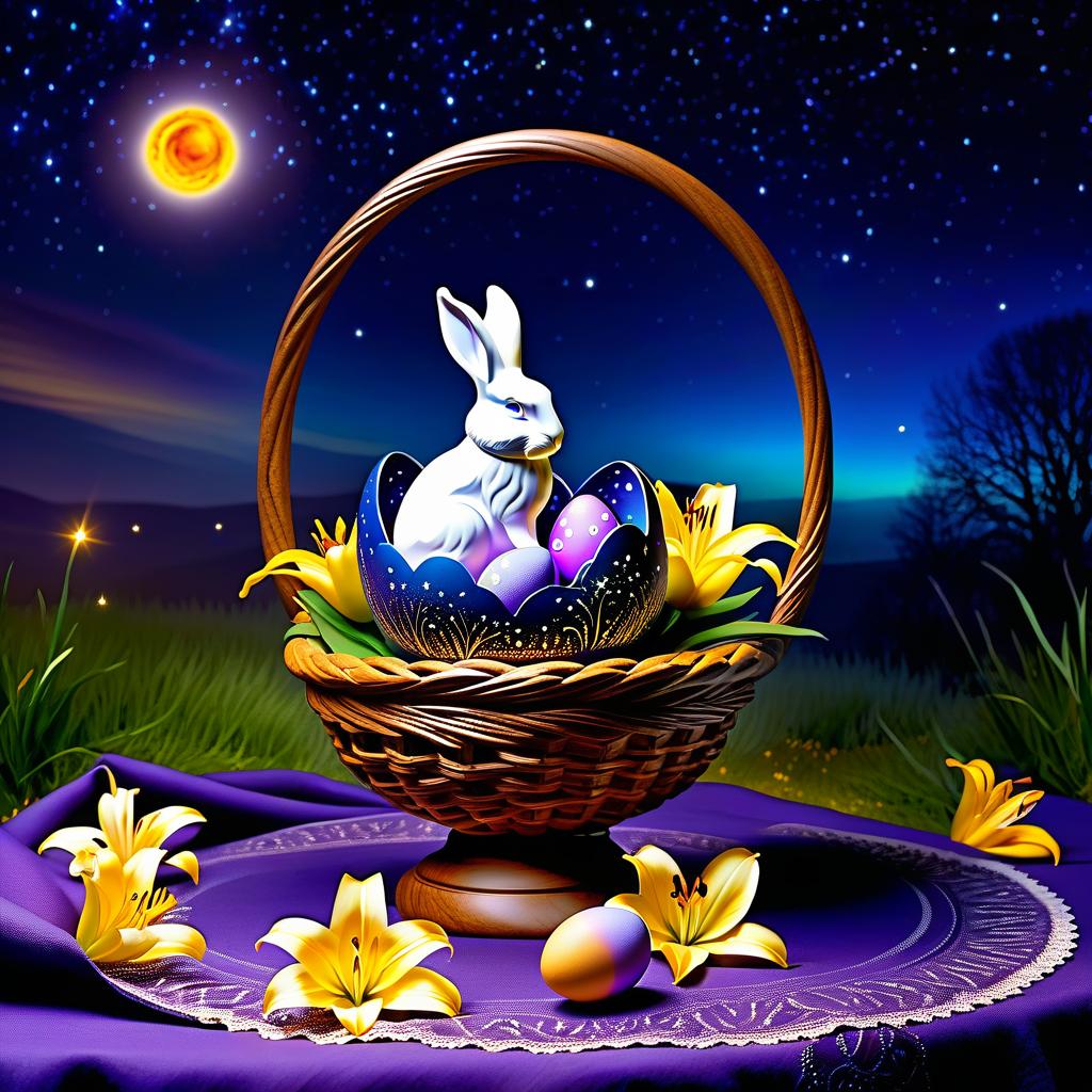  ethereal fantasy concept art of (Sky):starry night. (Colour):dark blue, violet, lilac. Yellow, orange cream lilies blossom on the background of the starry sky. On the openwork tablecloth is an Easter basket with Easter eggs. In the centre of the basket is a large decorative glass egg on a carved wooden stand. In the egg sits the Easter Bunny. (Bunny). Description: a small fluffy adorable bunny. Wool of delicate pastel colours: blue, lilac, the colour of cocoa with milk. Sits in the young grass around him painted Easter eggs: lilac pink orange red, blue, lettuce. . magnificent, celestial, ethereal, painterly, epic, majestic, magical, fantasy art, cover art, dreamy hyperrealistic, full body, detailed clothing, highly detailed, cinematic lighting, stunningly beautiful, intricate, sharp focus, f/1. 8, 85mm, (centered image composition), (professionally color graded), ((bright soft diffused light)), volumetric fog, trending on instagram, trending on tumblr, HDR 4K, 8K