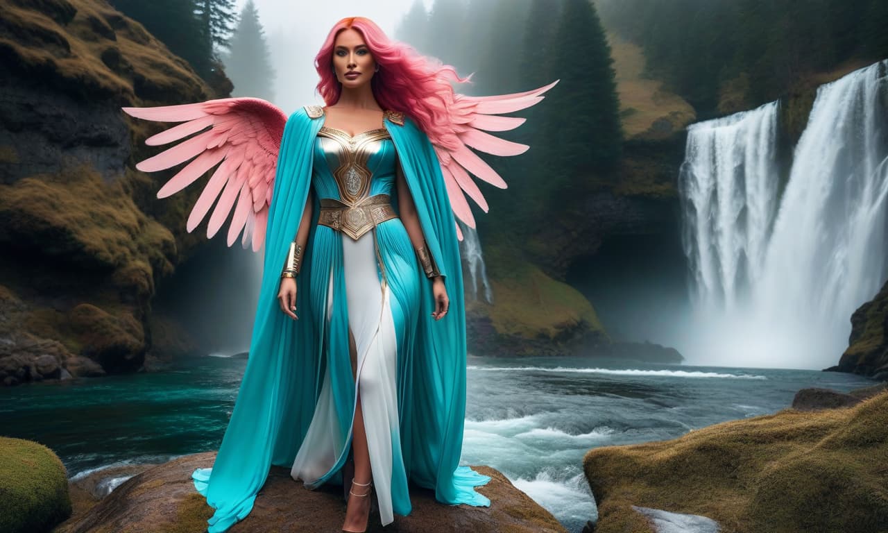  cinematic film still A very beautiful angel with two turquoise wings, in all the red and silver armor of the mid 15th century, as in the works of Konrad Witz, stands at the foot of the waterfall, leaning on a huge sword, the best quality, masterpiece, ultra high resolution, photorealistic, old with two turquoise wings stands tall, dressed in a slightly transparent fabric, full body, pink hair, a hyperrealistic full length photograph of a young, happy, sophisticated woman with modern visual effects and futuristic details extremely epic, a of the highest quality, detailed eyes, detailed lips, master cles, paints,, brown hair, id, big brown eyes, coy smile, thru the shoulder, (perfect s), photo, detailed, bre hyperrealistic, full body, detailed clothing, highly detailed, cinematic lighting, stunningly beautiful, intricate, sharp focus, f/1. 8, 85mm, (centered image composition), (professionally color graded), ((bright soft diffused light)), volumetric fog, trending on instagram, trending on tumblr, HDR 4K, 8K