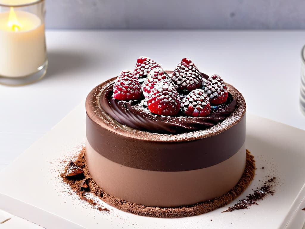  A closeup, ultrahighresolution image of a decadent chocolate mousse in a crystalclear glass dessert cup, showcasing layers of rich, velvety chocolate topped with delicate chocolate shavings. The mousse is elegantly garnished with fresh raspberries and a dusting of cocoa powder, all set against a sleek, modern backdrop that enhances the luxurious and indulgent feel of the dessert. hyperrealistic, full body, detailed clothing, highly detailed, cinematic lighting, stunningly beautiful, intricate, sharp focus, f/1. 8, 85mm, (centered image composition), (professionally color graded), ((bright soft diffused light)), volumetric fog, trending on instagram, trending on tumblr, HDR 4K, 8K