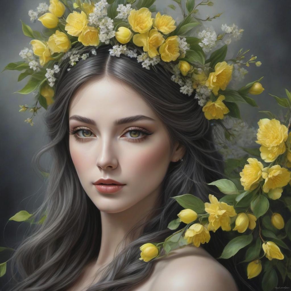  hyperrealistic art Create a charcoal, graphite, chalk and crayon artwork of a young mysterious lady surrounded by tapestry of awakening fresh green and fresh yellow spring branches and leaves and blossoms. Her lovely close up face enigma framed by a floral crown. Petals cling to her gown, whispering secrets of the awakening season. Colors grey and black, green and yellow. . extremely high resolution details, photographic, realism pushed to extreme, fine texture, incredibly lifelike hyperrealistic, full body, detailed clothing, highly detailed, cinematic lighting, stunningly beautiful, intricate, sharp focus, f/1. 8, 85mm, (centered image composition), (professionally color graded), ((bright soft diffused light)), volumetric fog, trending on instagram, trending on tumblr, HDR 4K, 8K