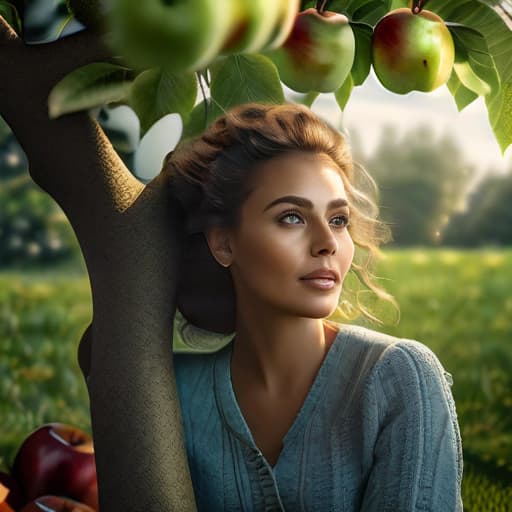  "Generate an image of a girl named Lina with a surprised expression, sitting under an apple tree. The green apples are hanging from the tree with sunlight filtering through the leaves. The ground beneath the tree has slight dirt splatters.", best quality, very detailed, high resolution, sharp, sharp image, extremely detailed, 4k, 8k hyperrealistic, full body, detailed clothing, highly detailed, cinematic lighting, stunningly beautiful, intricate, sharp focus, f/1. 8, 85mm, (centered image composition), (professionally color graded), ((bright soft diffused light)), volumetric fog, trending on instagram, trending on tumblr, HDR 4K, 8K