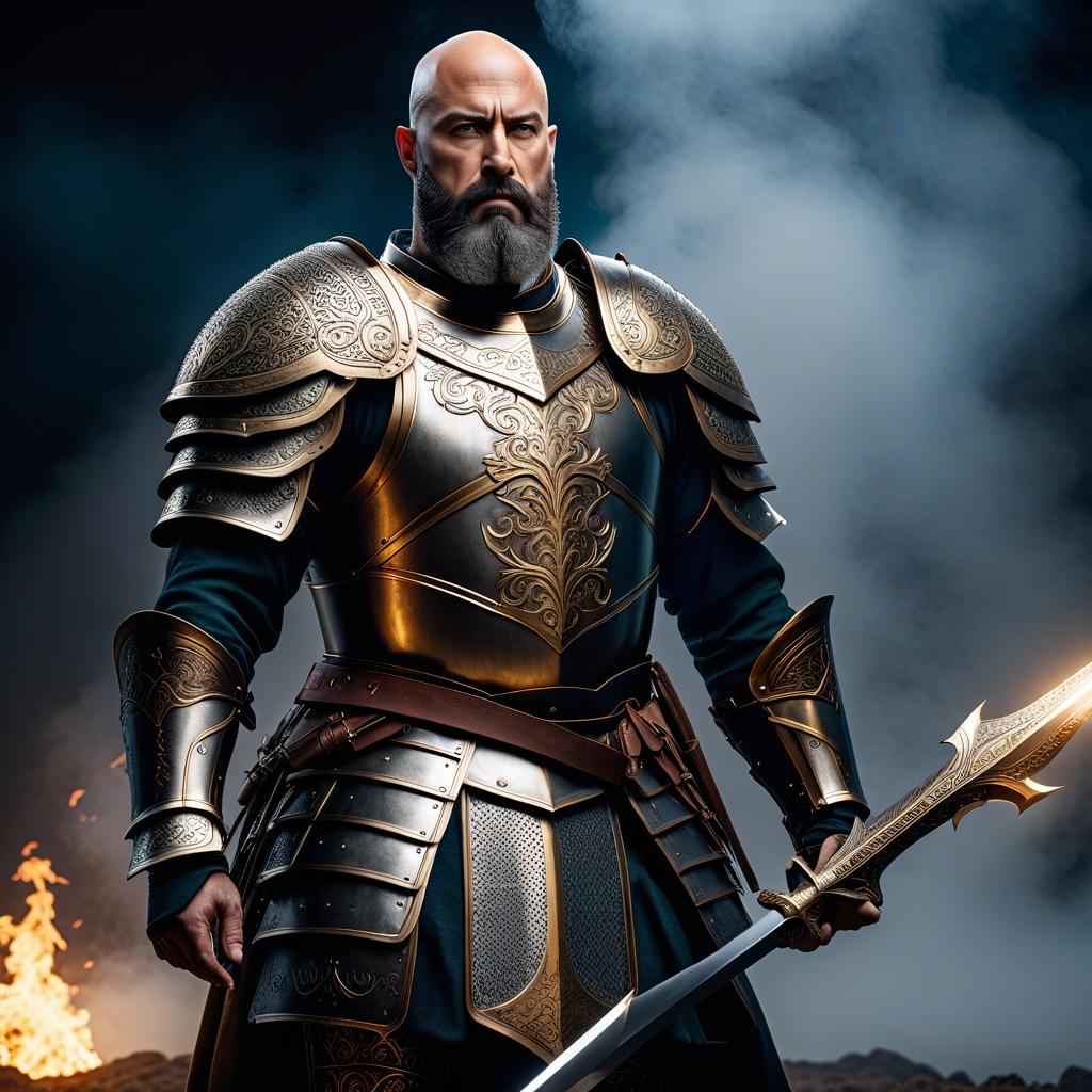  professional 3d model A bald and bearded warrior in knightly armor, without a helmet. . octane render, highly detailed, volumetric, dramatic lighting hyperrealistic, full body, detailed clothing, highly detailed, cinematic lighting, stunningly beautiful, intricate, sharp focus, f/1. 8, 85mm, (centered image composition), (professionally color graded), ((bright soft diffused light)), volumetric fog, trending on instagram, trending on tumblr, HDR 4K, 8K