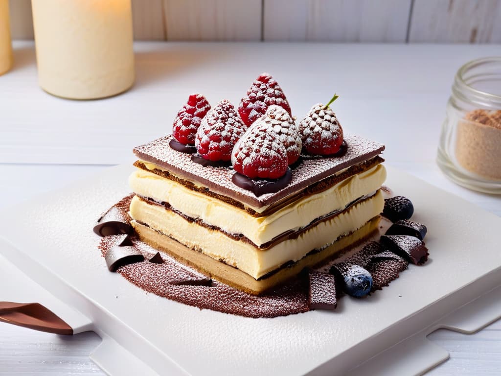  A closeup, highresolution image of a beautifully intricate and delicately crafted tiramisu dessert elegantly presented on a white plate, garnished with fresh raspberries and a dusting of cocoa powder. The dessert sits on a rustic wooden table with soft natural lighting casting gentle shadows, highlighting the layers of creamy mascarpone, coffeesoaked ladyfingers, and rich cocoa flavors, evoking a sense of indulgence and sophistication perfect for celebratory occasions. hyperrealistic, full body, detailed clothing, highly detailed, cinematic lighting, stunningly beautiful, intricate, sharp focus, f/1. 8, 85mm, (centered image composition), (professionally color graded), ((bright soft diffused light)), volumetric fog, trending on instagram, trending on tumblr, HDR 4K, 8K